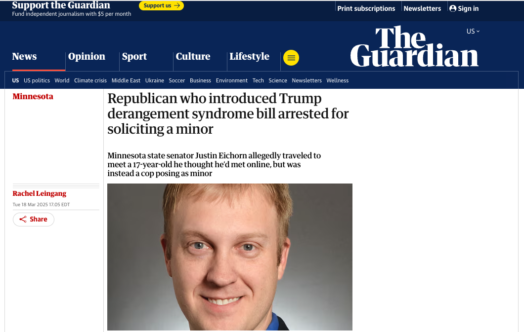 Senator Justin Eichorn arrested for soliciting sex from a minor.